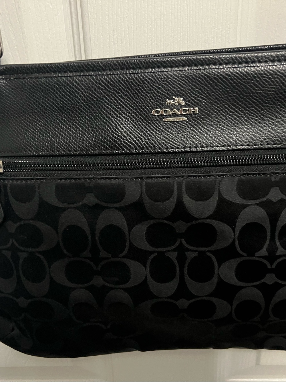 Coach Black Signature C-Pattern Messenger Bag with Leather Trim